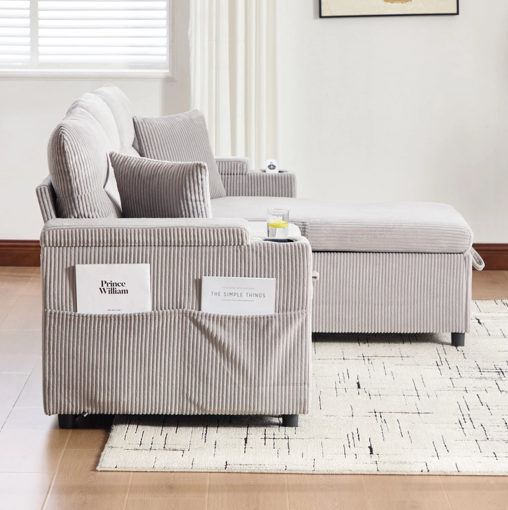 Divano 3 posti con chaise longue idraulica e letto estraibile 212;5x136x86 cm in cord grigio chiaro