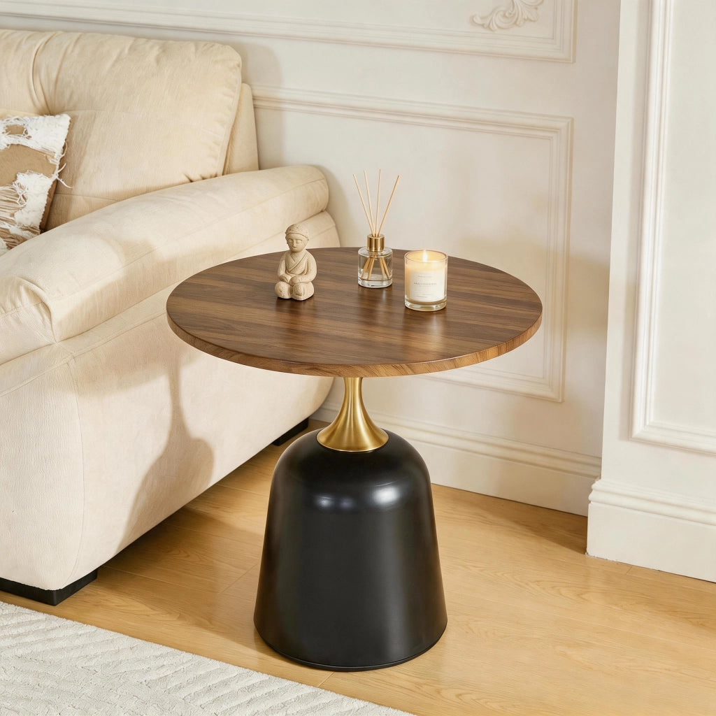 Tavolino basso rotondo con base in metallo e piano in melammina effetto noce, stile moderno, per soggiorno, 70 × 69 × 40 cm