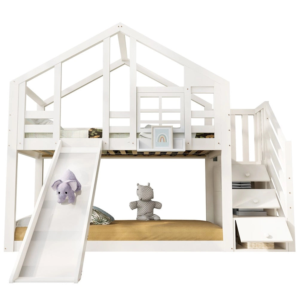Letto a Castello Casetta 90x200 con Scivolo e Rete a Doghe ¨C MINIMAL ¨C Bianco