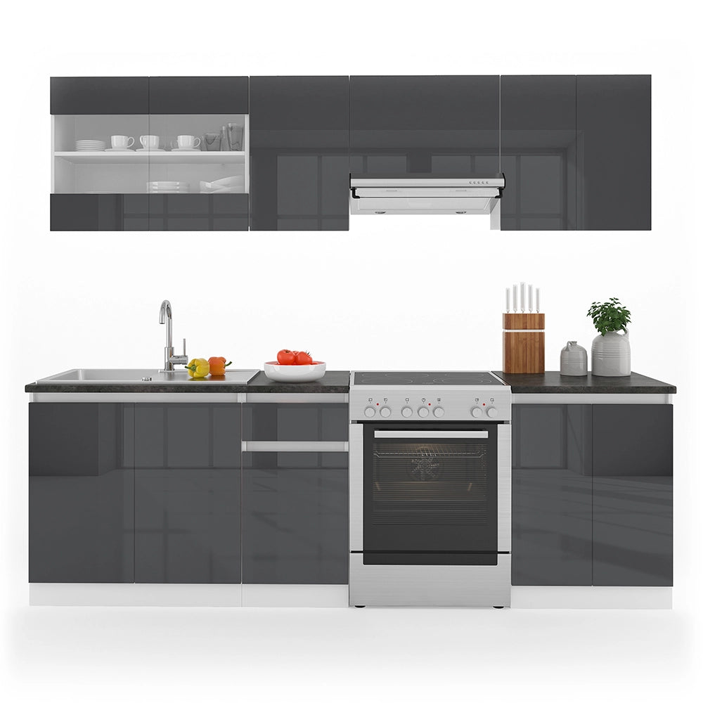 Mobile da cucina Raul Antracite lucido/Bianco 240 cm, AP Nero con striscia LED Vicco