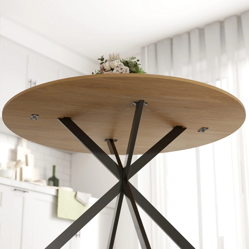Tavolo da pranzo rotondo per 4 persone con base in acciaio a X e piano in legno, stile industriale, rovere, Ø120 cm