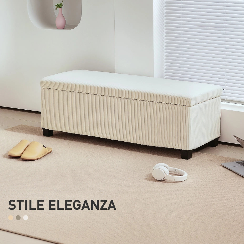 Panca Fondo Letto 112x42x40 cm con Spazio Contenitore da 84L in Tessuto Effetto Velluto a Coste e Acciaio Beige