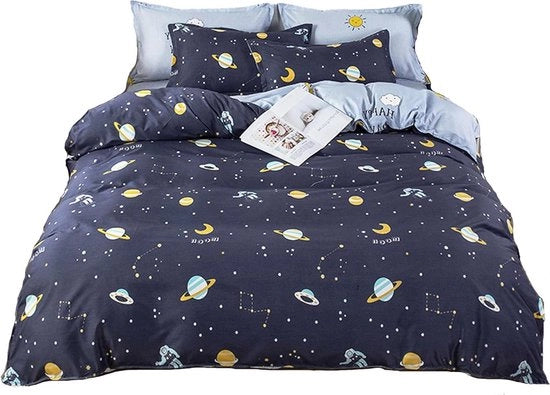 Set di coperte 100% poliestere blu scuro universo astronauti - coperta 150x200 cm - lenzuolo 200x230 cm - 2 cuscini 48x48 cm