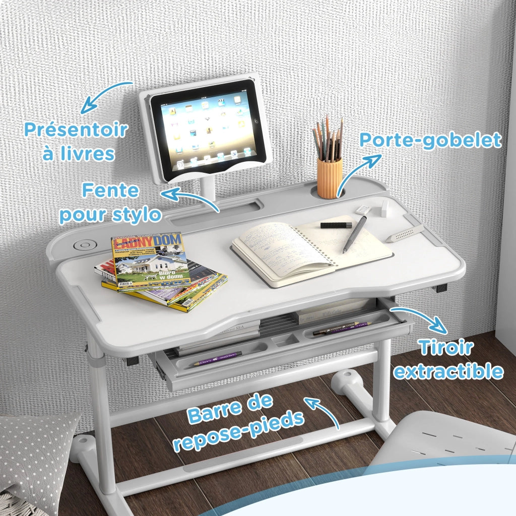 Scrivania bambini con sedia regolabile, piano inclinabile 45¡ã, cassetto e supporto libri ¨C Xylo ¨C Grigio