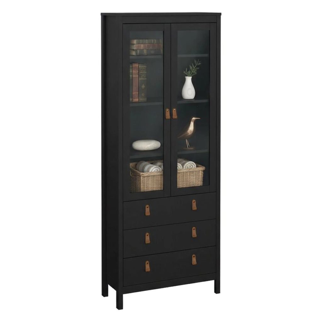 Vetrina Lazio, Credenza espositiva, Vetrinetta multiuso, Madia da soggiorno, 78x33 h199 cm, Nero