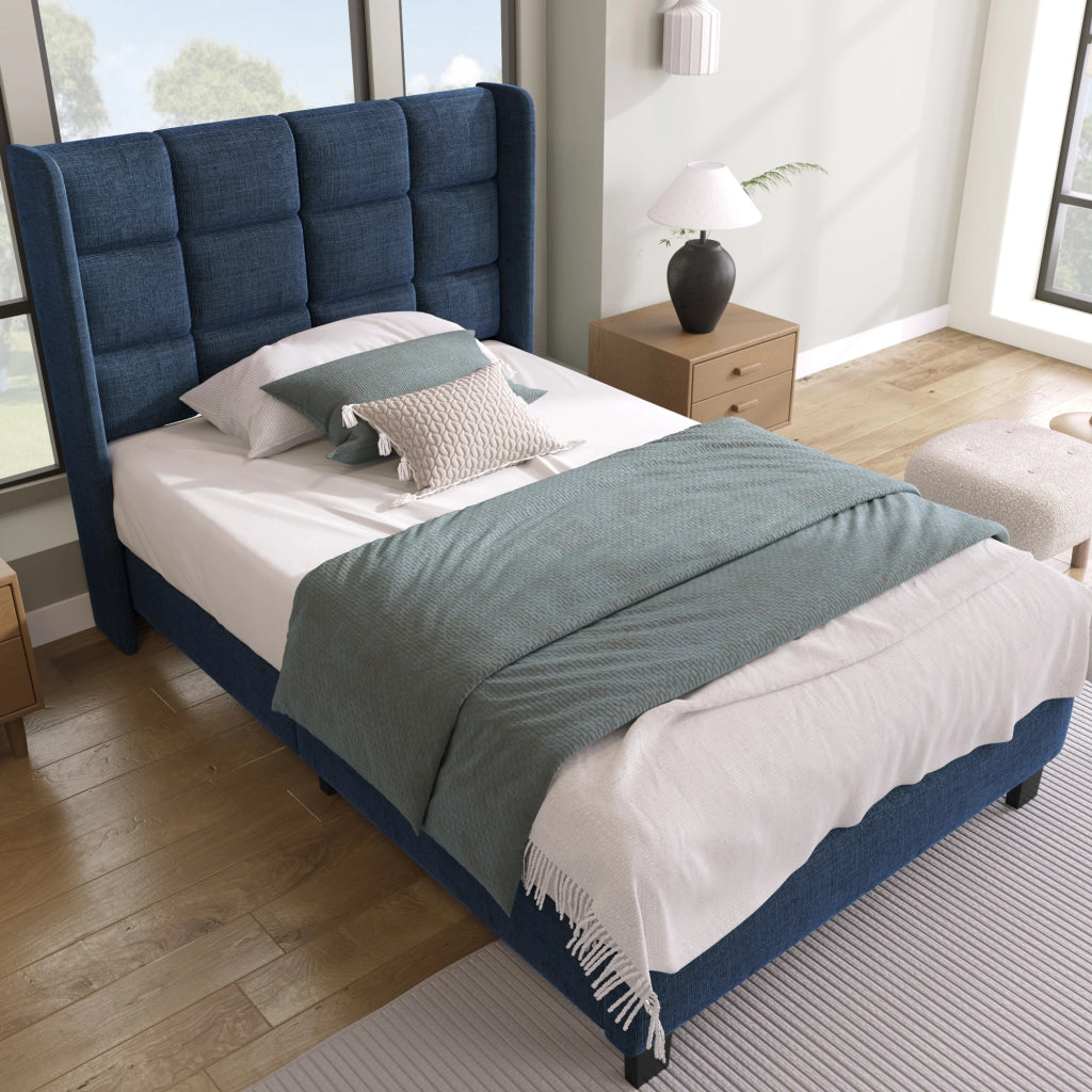 Letto singolo imbottito 90x200 cm in lino blu con rete a doghe e testiera per riposo confortevole