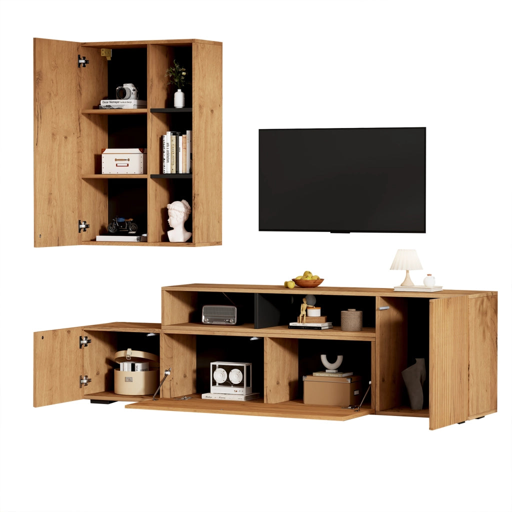 Mobile porta TV con pensile 4 ante e 2 vani aperti lunghezza regolabile finitura rovere e nero per soggiorno