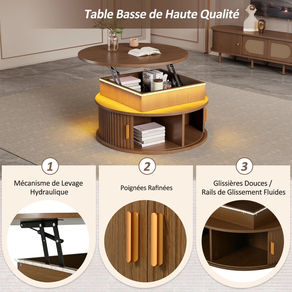 Tavolino basso sollevabile rotondo con LED e vano contenitore in MDF color noce per soggiorno 75 × 75 × 52 cm