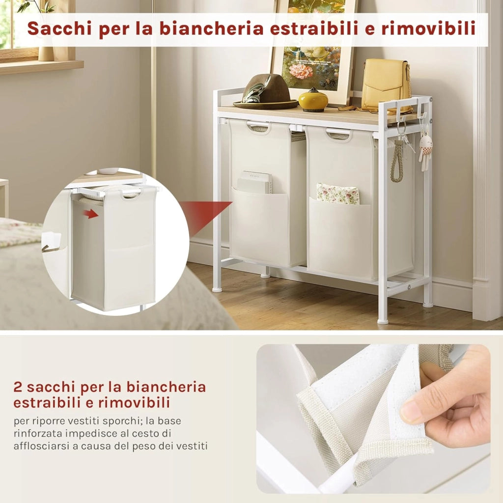 Cesta Biancheria a 2 Scomparti, Cestino Biancheria Sporca con Struttura in Metallo, Sacco per Bucato Rimovibile in Tessuto Oxford, Capacità 40L per Cesto, Bianco