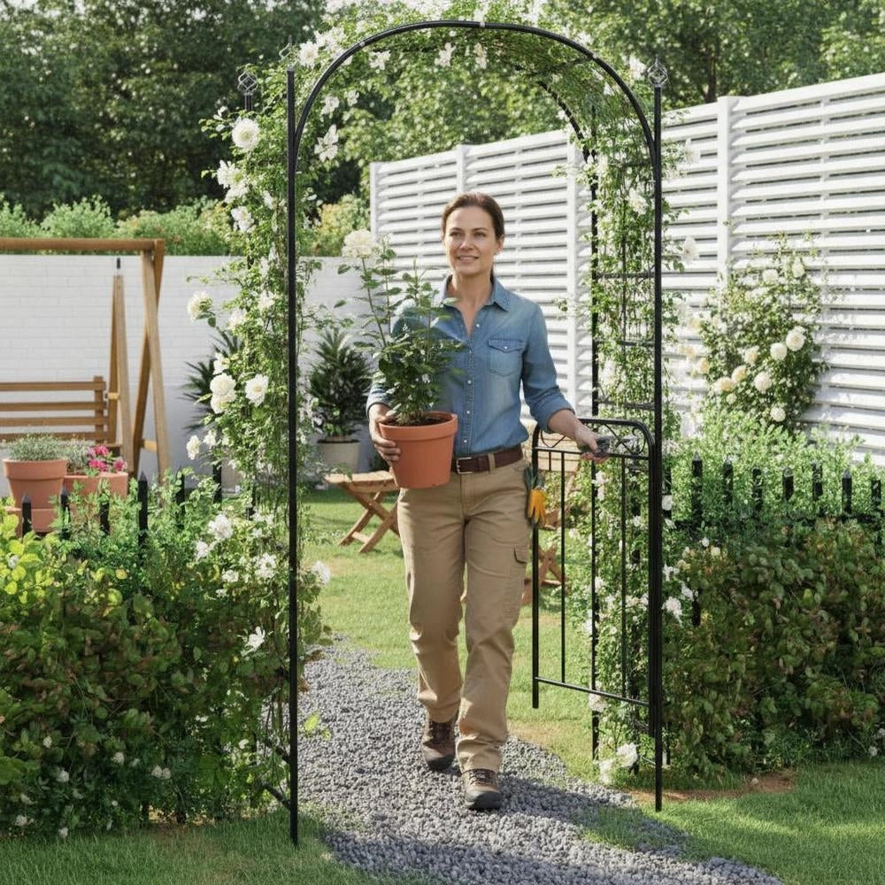 Garden Arch With Gate, Black, 108x45x235 Cm, Steel
