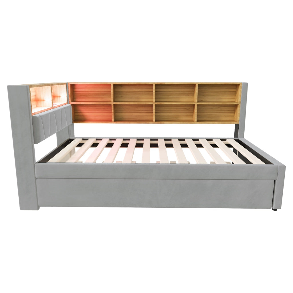 Divano letto multifunzionale 90x200 cm con letto estraibile 90x190 cm, luci LED, prese multimediali, vani contenitore, flanella, grigio chiaro