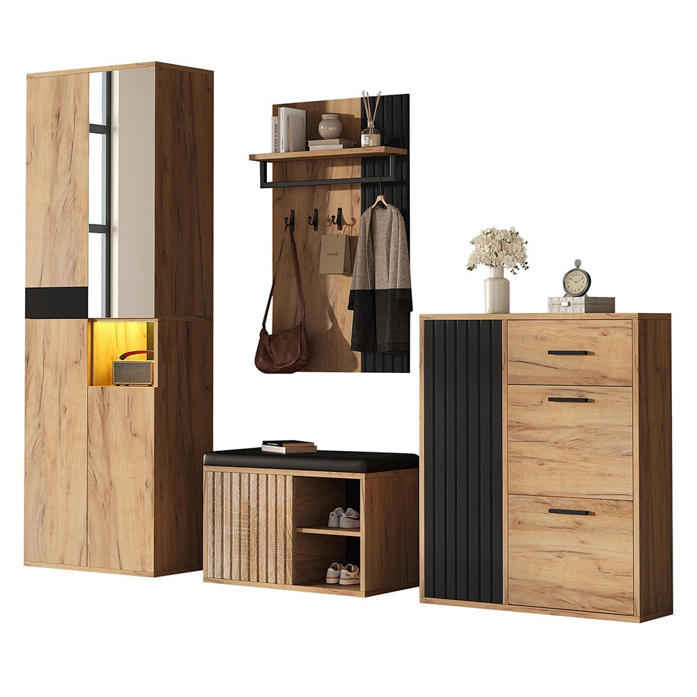 Set vestiario a muro 4 pezzi - Xylo - armadio, scarpiere, panchina, appendiabiti, 215x36x190 cm, naturale e nero