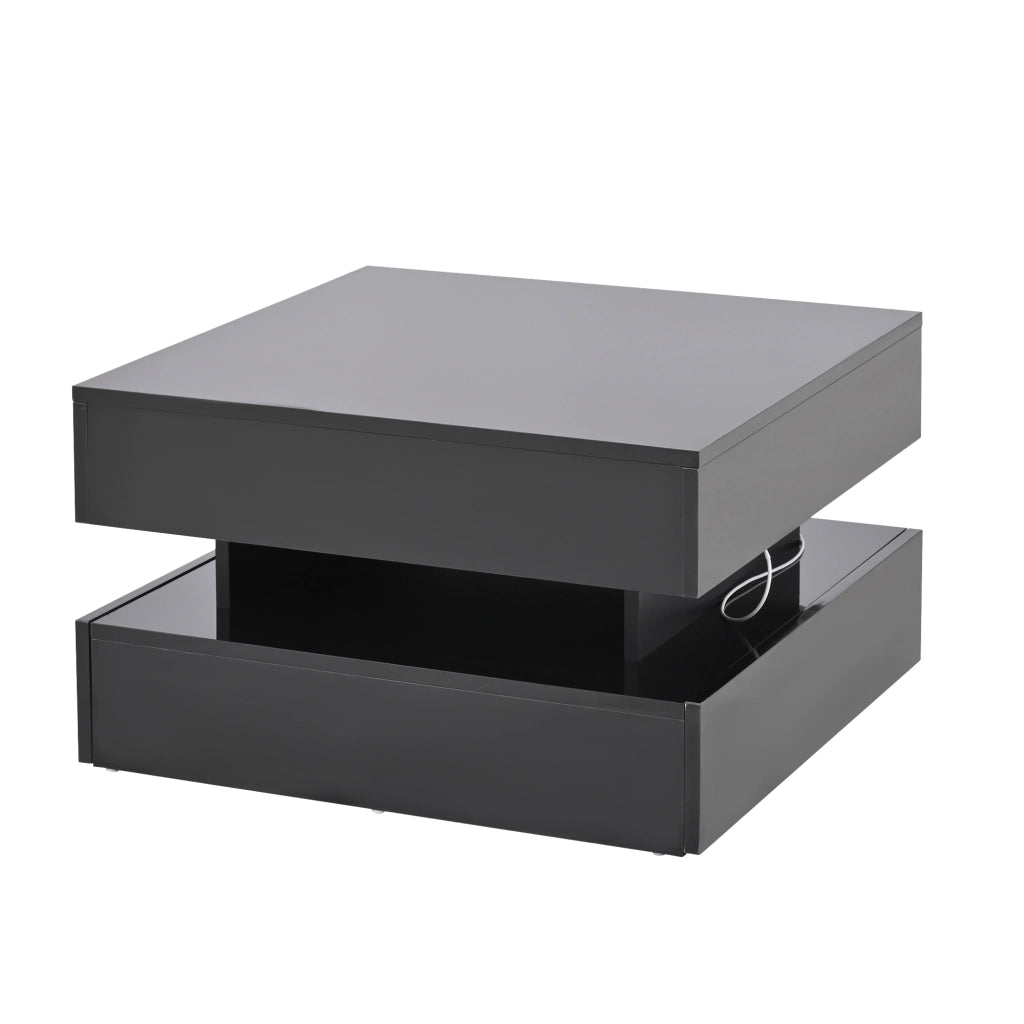 Tavolino da caffè alzabile con 2 Cassetti; Vano Nascosto e LED per Soggiorno; in Truciolare; 65 × 65 × 38.5 cm; Nero
