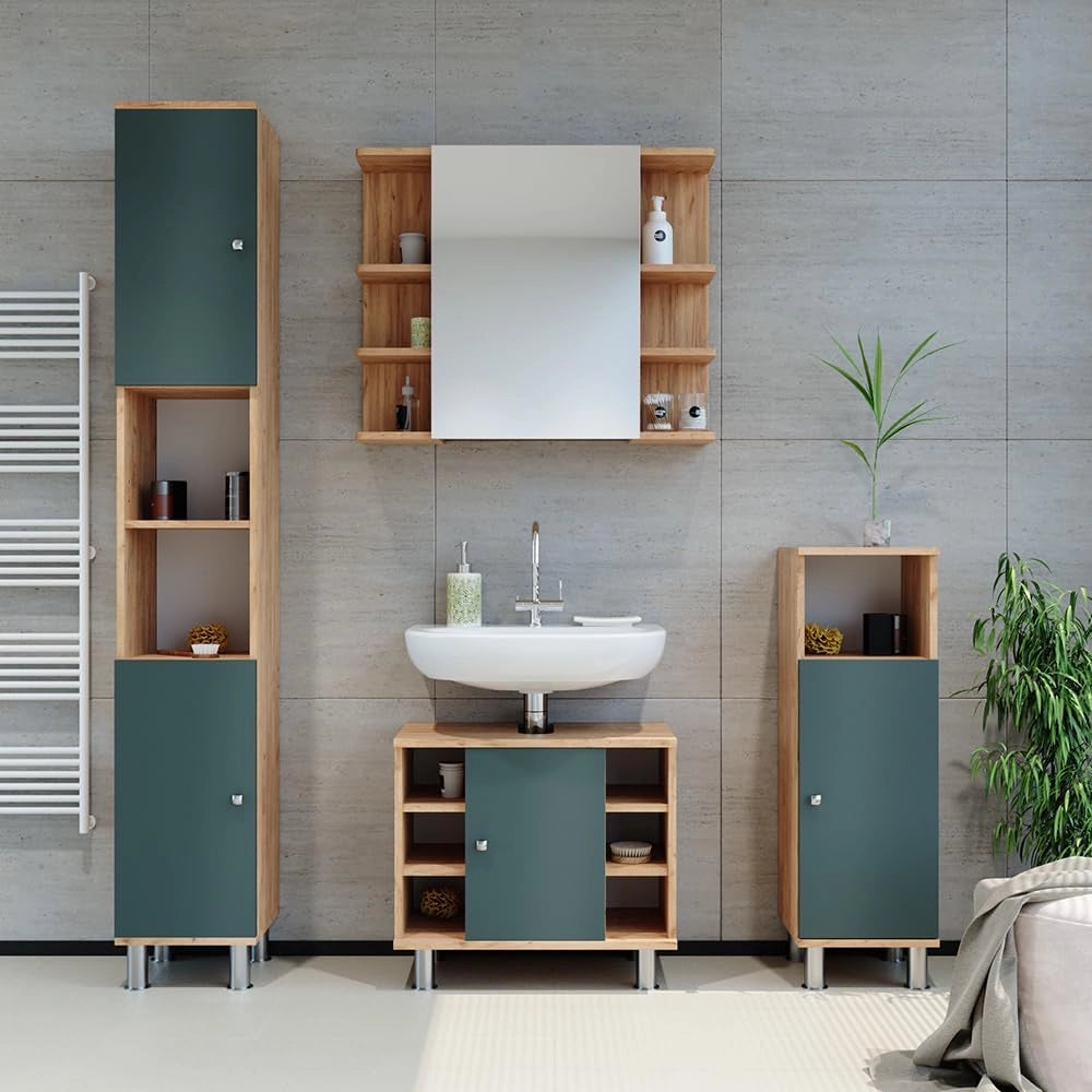 Mobiletto bagno Fynn, Verde, 30 x 95 cm, per la conservazione di accessori da bagno e compatibile con Fynn