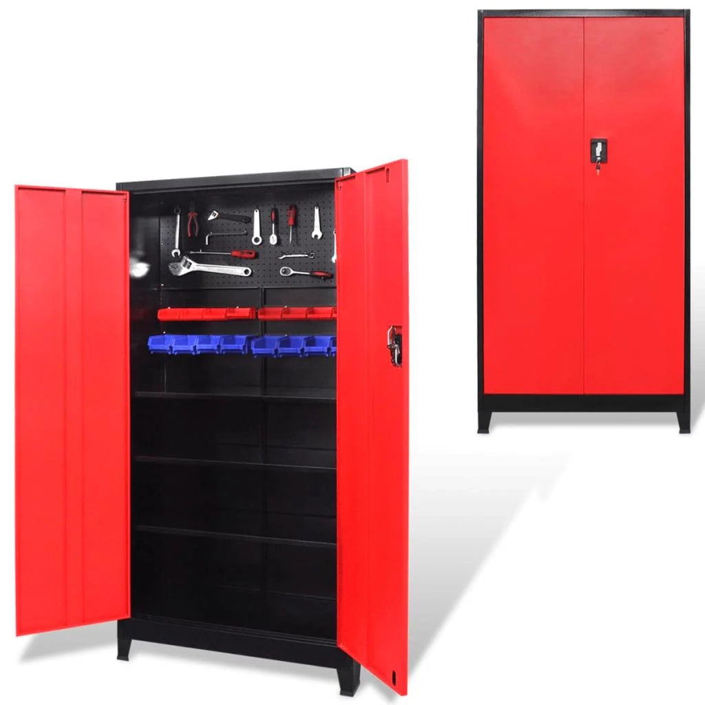 Mobiletto portautensili con 2 ante acciaio nero e rosso 180 cm cassetta portautensili 02_0003802