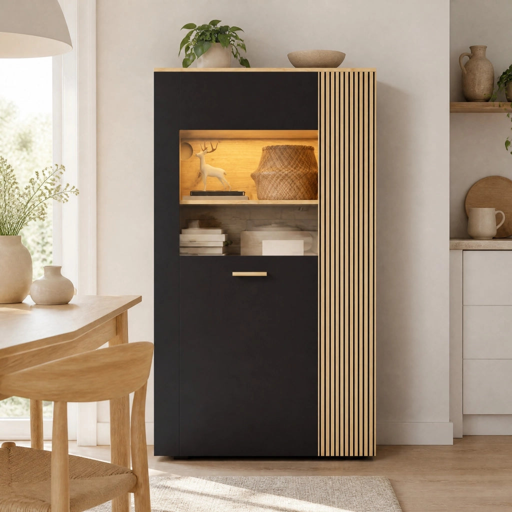 Mobile contenitore con LED a 16 colori e 3 ripiani fissi e 2 regolabili, gestione cavi, vetro, nero e legno 80 × 40 × 146 cm