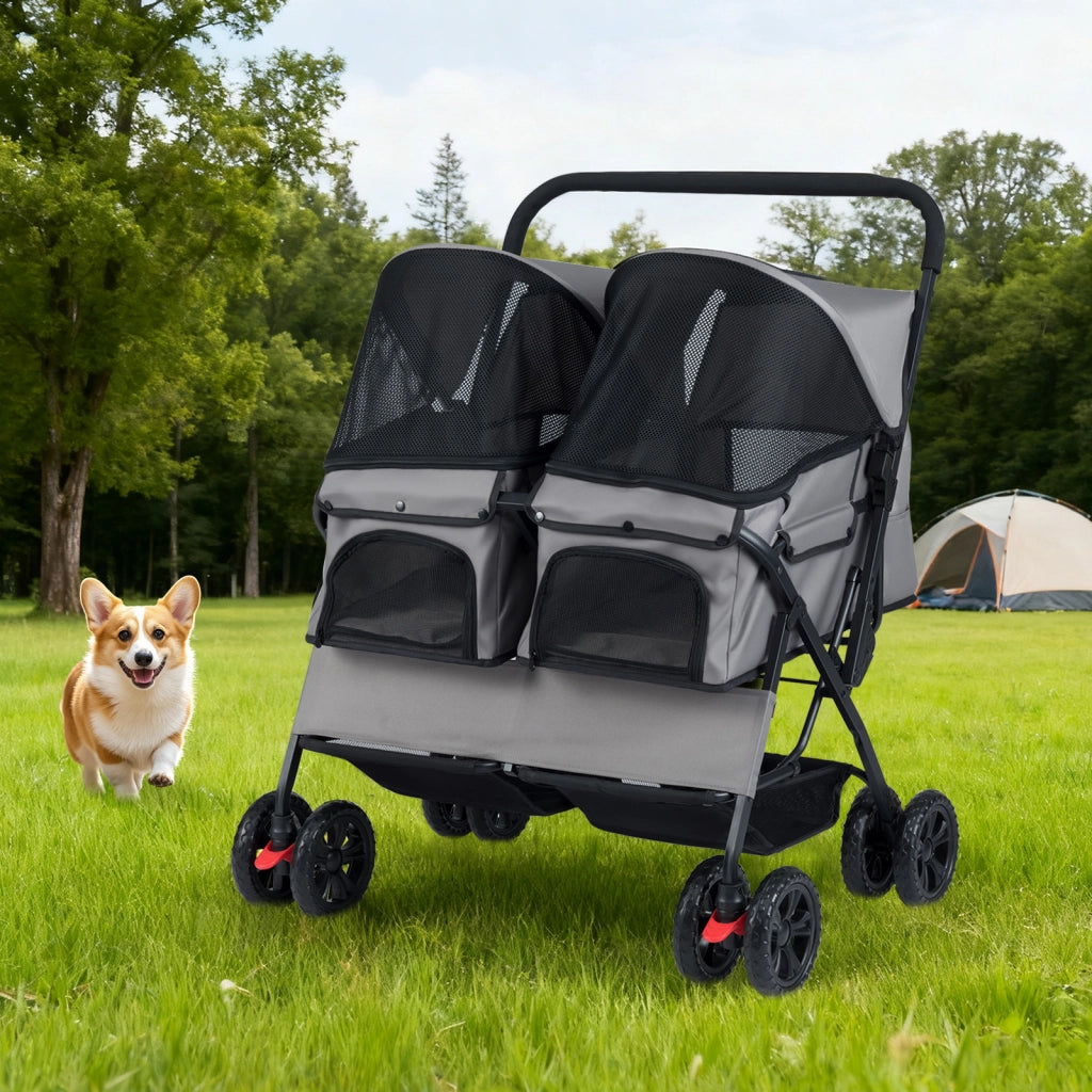 Passeggino doppio animali carrozzina 2 posti tettuccio regolabile, Passeggino doppio animali cuscino sicurezza Grigio