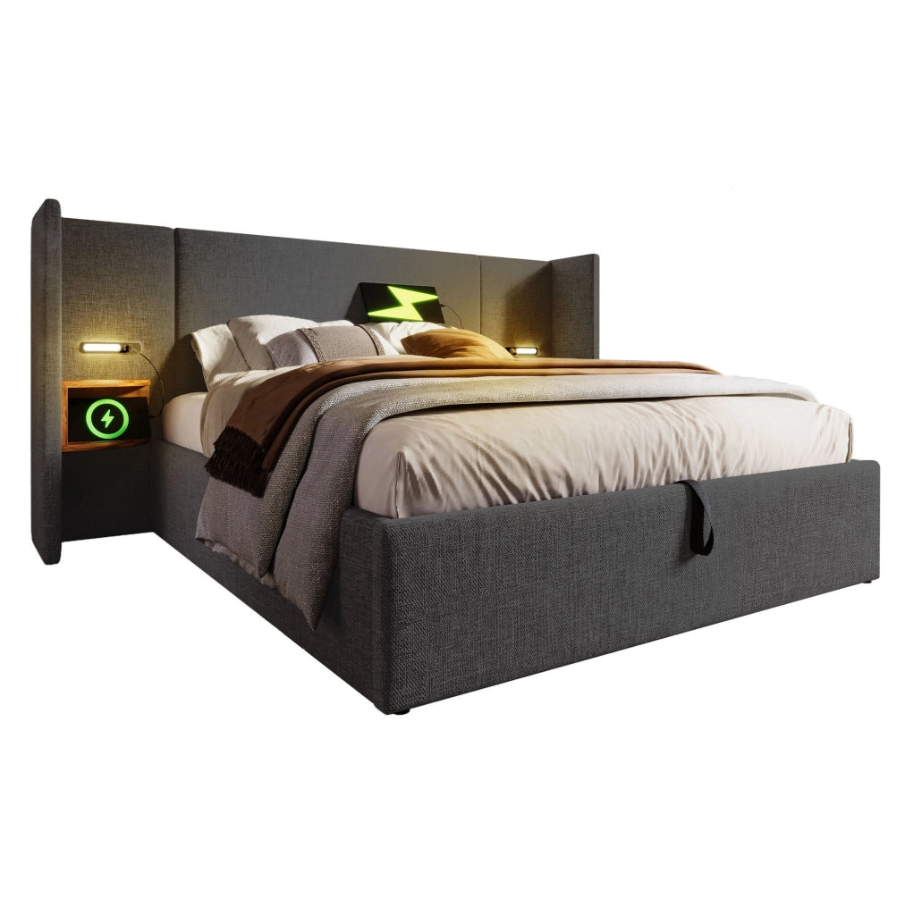 Letto matrimoniale contenitore 160x200 cm in lino grigio con testiera multifunzione; luce LED e USB