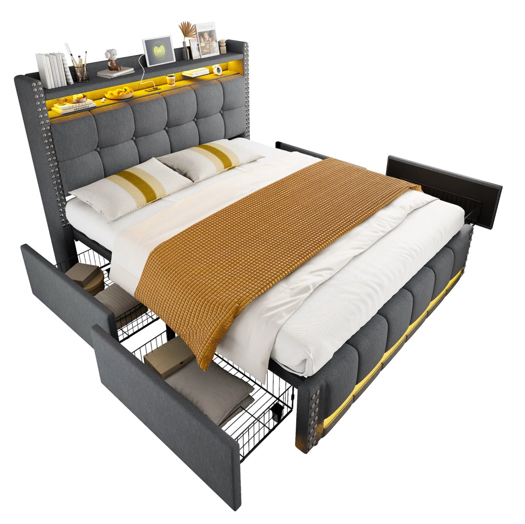 Letto imbottito 160x200 cm con LED; USB; ripiani e cassetto; lino grigio