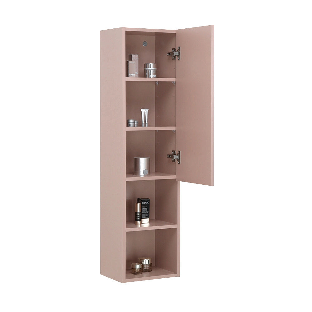 Colonna bagno sospesa rosa 30x115 cm con quattro mensole e anta soft-close Nuvola