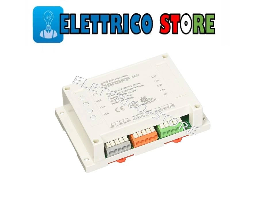 Sonoff 4CH- 4 Canali Montaggio su barra DIN Interruttore Wi-Fi per Realizzazione Impianto Domotica Fai-Da-Te (Smart Home DIY), Controllo Remoto di Quattro Elettrodomestici Indipendenti