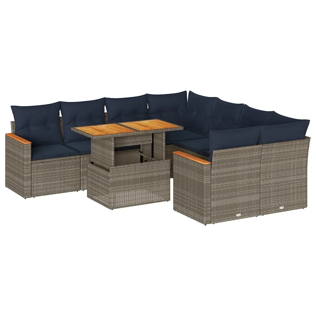 Set Divano da Giardino 9 pz con Cuscini Grigio in Polyrattan