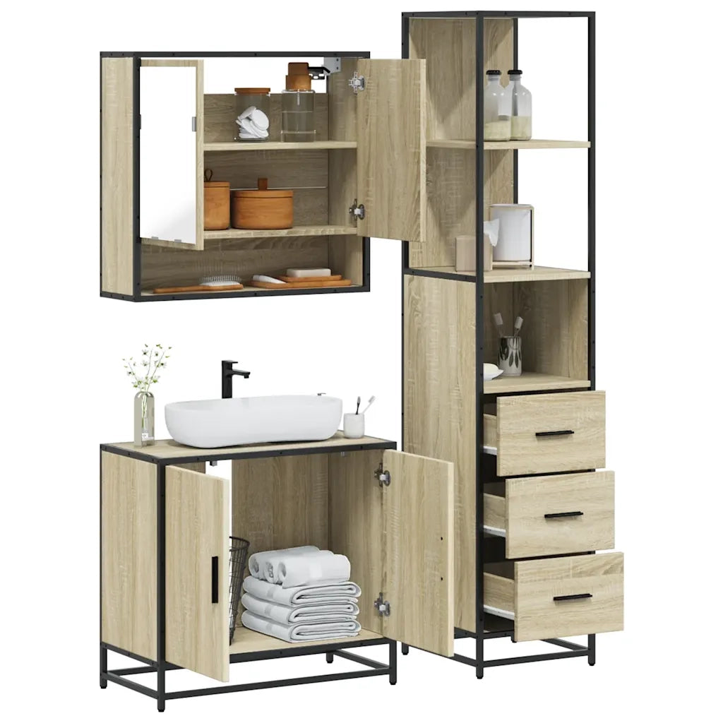 Set Mobili da Bagno 3 pz Rovere Sonoma in Legno Multistrato