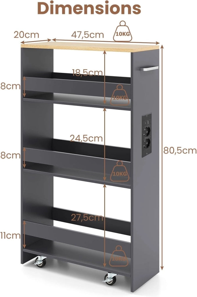 Scaffale per Nicchia da 20 cm di Larghezza, con Base di Ricarica, 4 Piani in Legno su Ruote, Scaffale Sottile per Cucina e Bagno, Carrello a Rotelle (Naturale+Grigio, Largo 20cm, con presa)