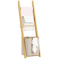 Mobile da Bagno in Bambù con Porta Asciugamani a 3 Barre e Cesto per Biancheria Sporca Rimovibile da 48 L, Crema