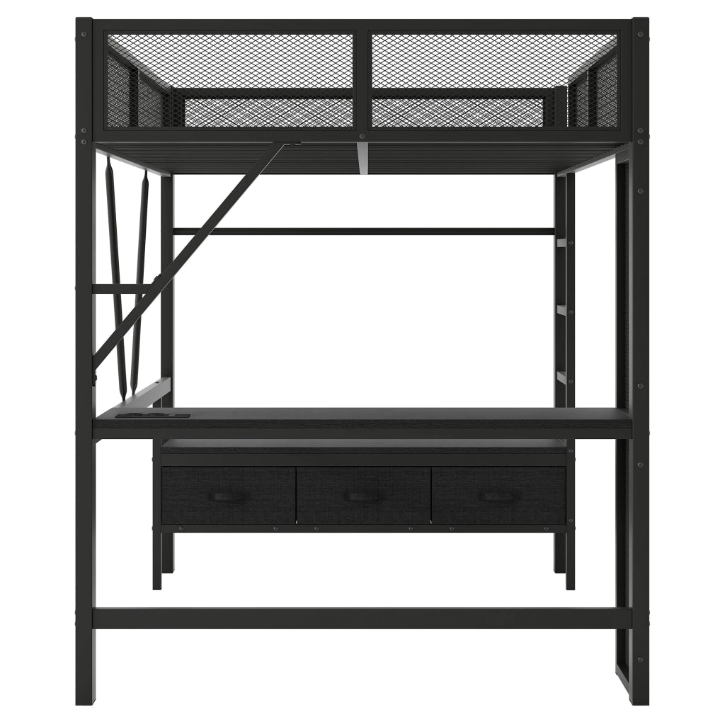 Letto a soppalco ULEVR 140x200 cm con scrivania, 3 cassetti, LED e scala, nero