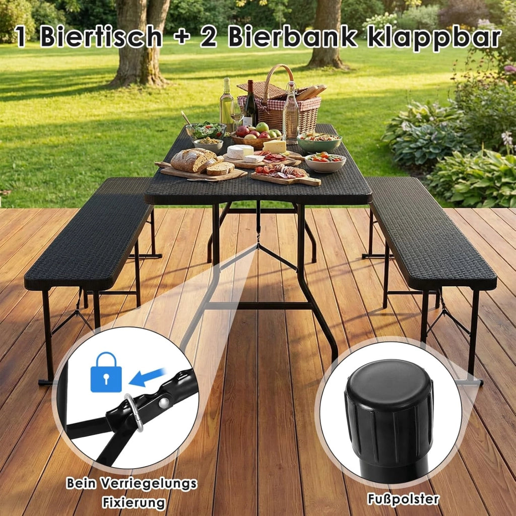 Set Tenda da Birra da 3 Pezzi 180cm in Plastica HDPE, Set di Mobili da Giardino 1 Tavolo e 2 pcs Panche Pieghevoli, Set Birreria con Manico di Trasporto, per Campeggio Picnic Esterno, Ottica in Rattan