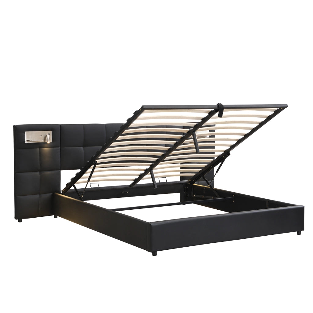 Letto imbottito 180 x 200 cm con rete a doghe, USB, ricarica wireless, luce integrata e contenitore, PU nero