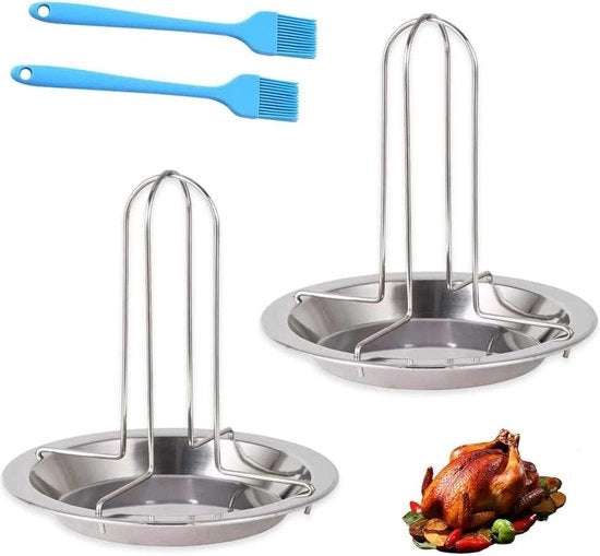 Griglia per Pollo in Acciaio Inossidabile - 2 Pezzi con Spazzole per Olio - Smalto Antiaderente - Piatto Grill per Pollo - Piatto per Cottura di Tacchino per Barbecue - Piatto da Cucina per Cottura.