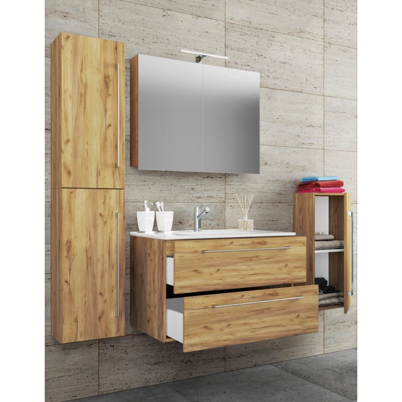 Completo Set5 pz Mobile sosp 2 casetti con Lavabo XL in ceramica incl 1 Colonna 1 mobile sosp e mobile specchio, Rovere