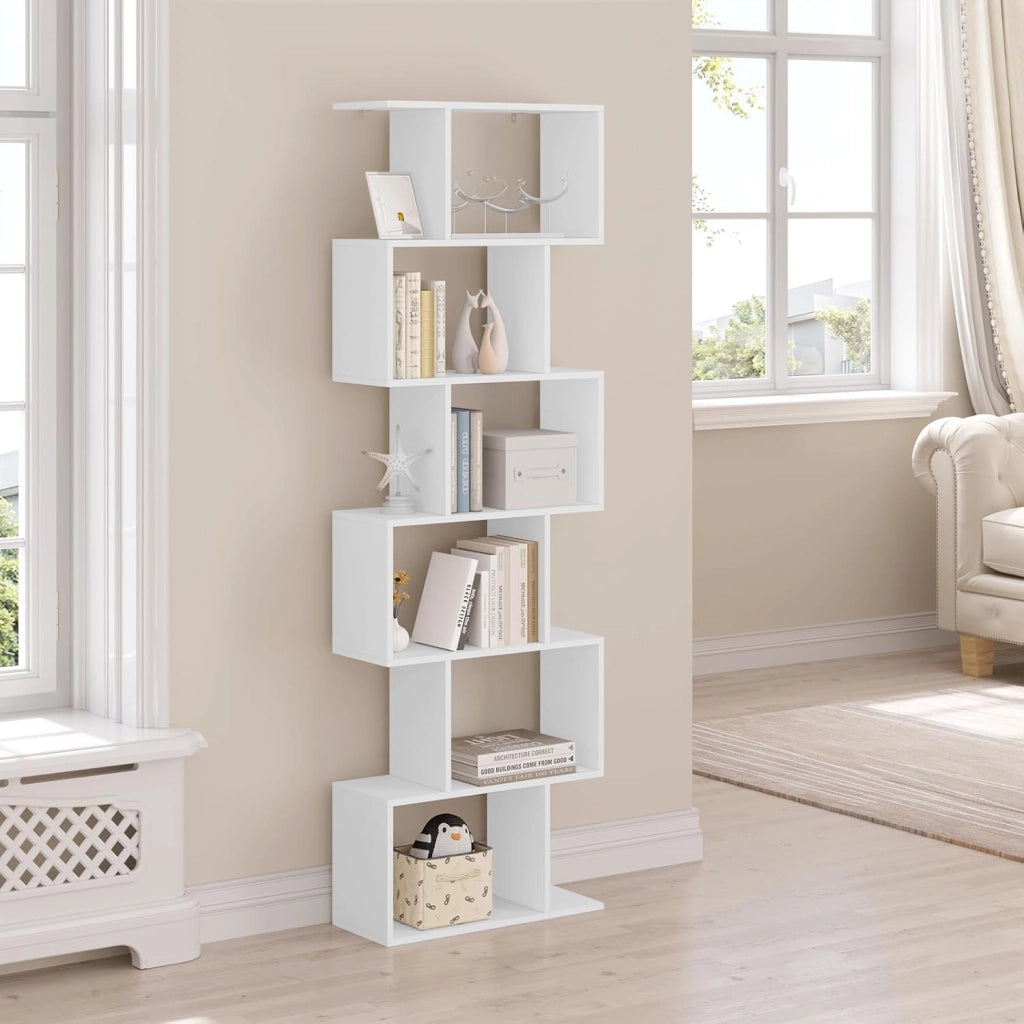 Libreria Verticale a 6 Livelli, 6 Scomparti a Giorno, Scaffale Salvaspazio Bianco, per Camera da Letto, Studio, Ufficio, Soggiorno, Forma di S, in Legno, SK044ws