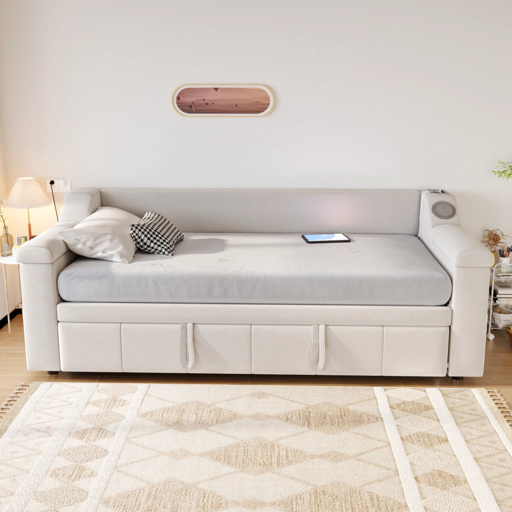 Divano letto 90x190 cm convertibile con Bluetooth; USB e vani in velluto beige