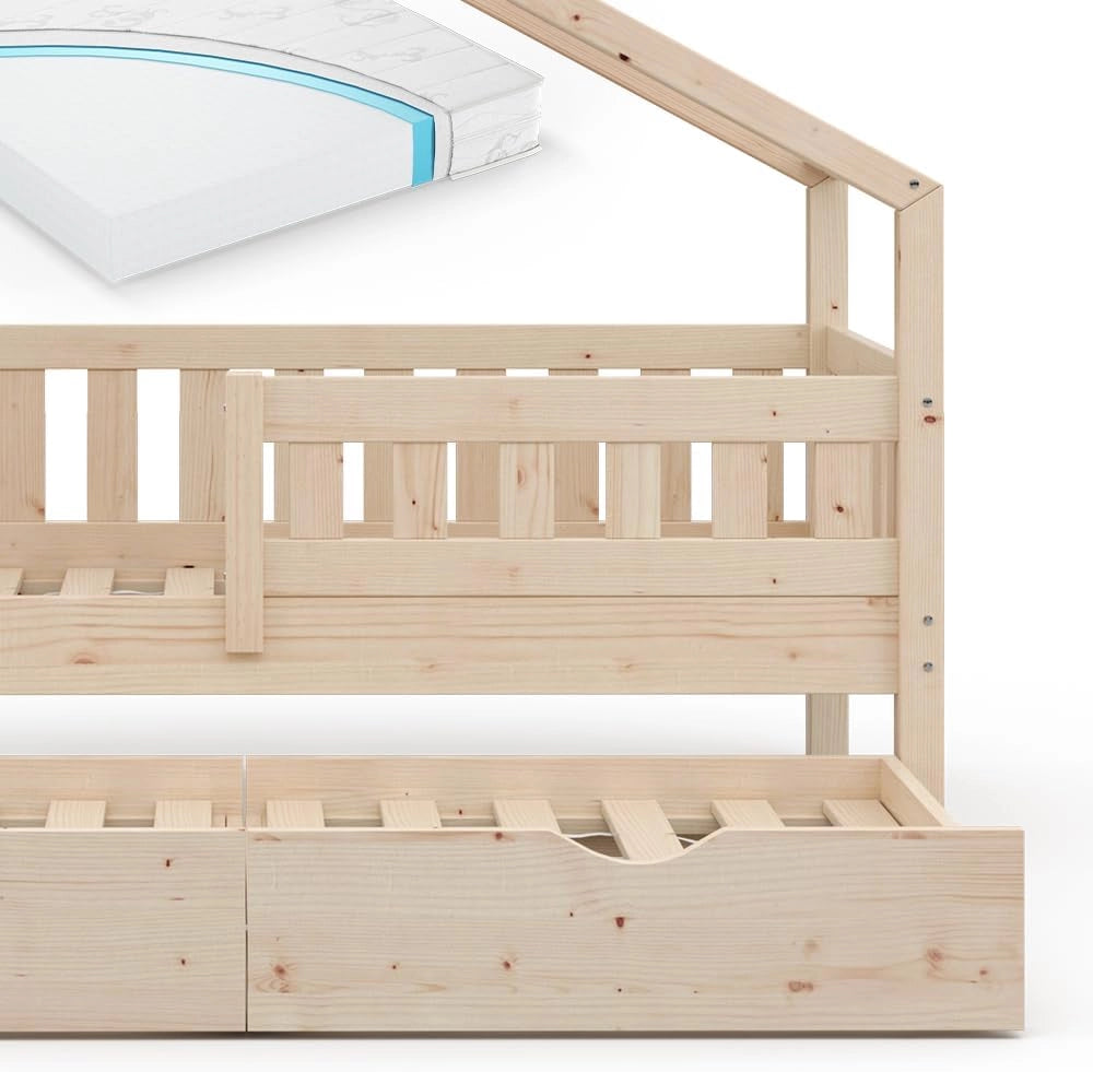 Letto montessori bambini Design, Legno naturale, 80x160 cm con letto per ospiti e materasso, adatto come area giochi e zona notte per bambini