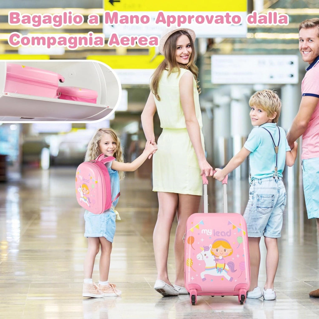 Set di 2 Valigia per Bambini, 17" Valigia+ 13" Zaino, con Ruote Girevoli a 360°, Maniglia Retrattile e Spallacci Regolabili, Ideale per Viaggiare in Modo Comodo e Divertente (Modello 3)