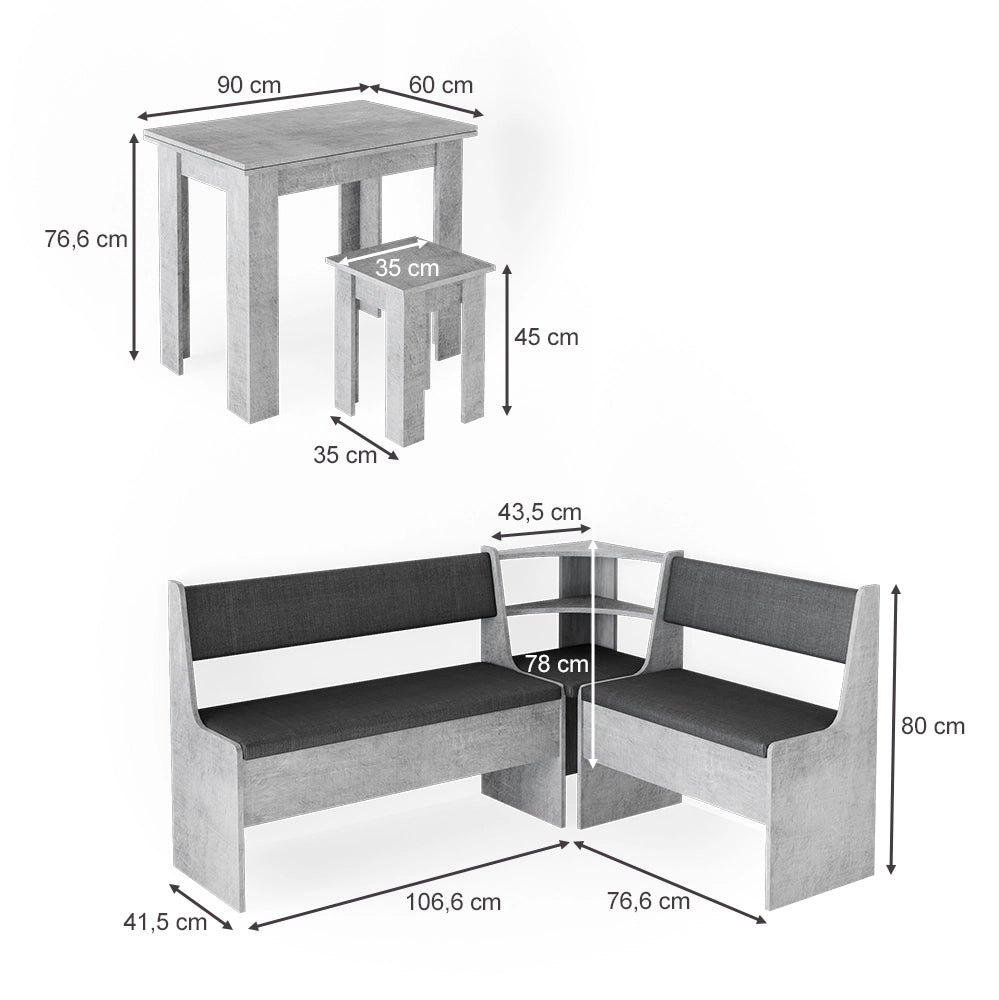 Gruppo panca ad angolo Roman Calcestruzzo 150 x 120 cm con tavolo Vicco