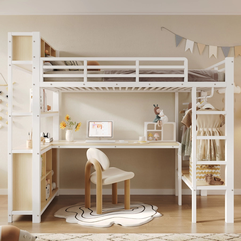 Letto a soppalco 90x200 cm con scrivania, appendiabiti e ripiani bianco HAVRYA