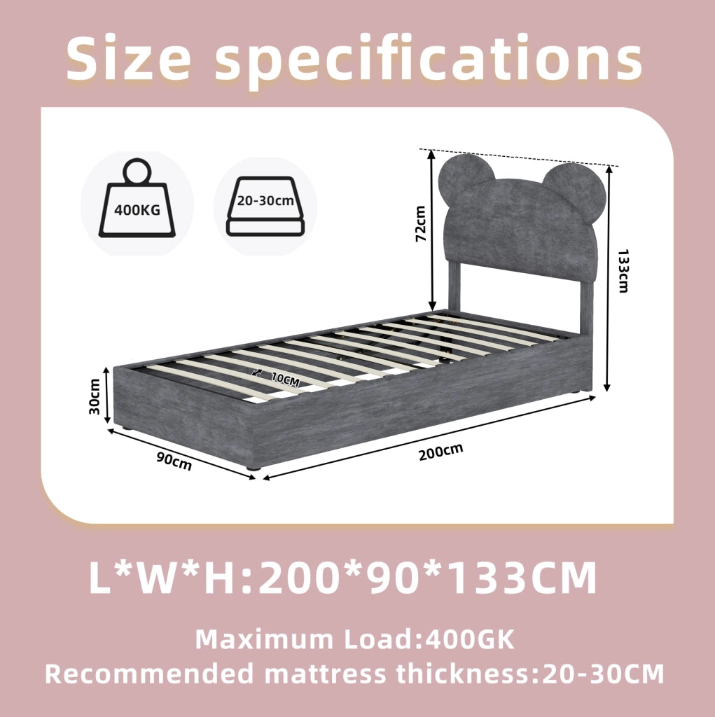 Letto imbottito 90x200 cm con testiera cartoon e contenitore a sollevamento, grigio