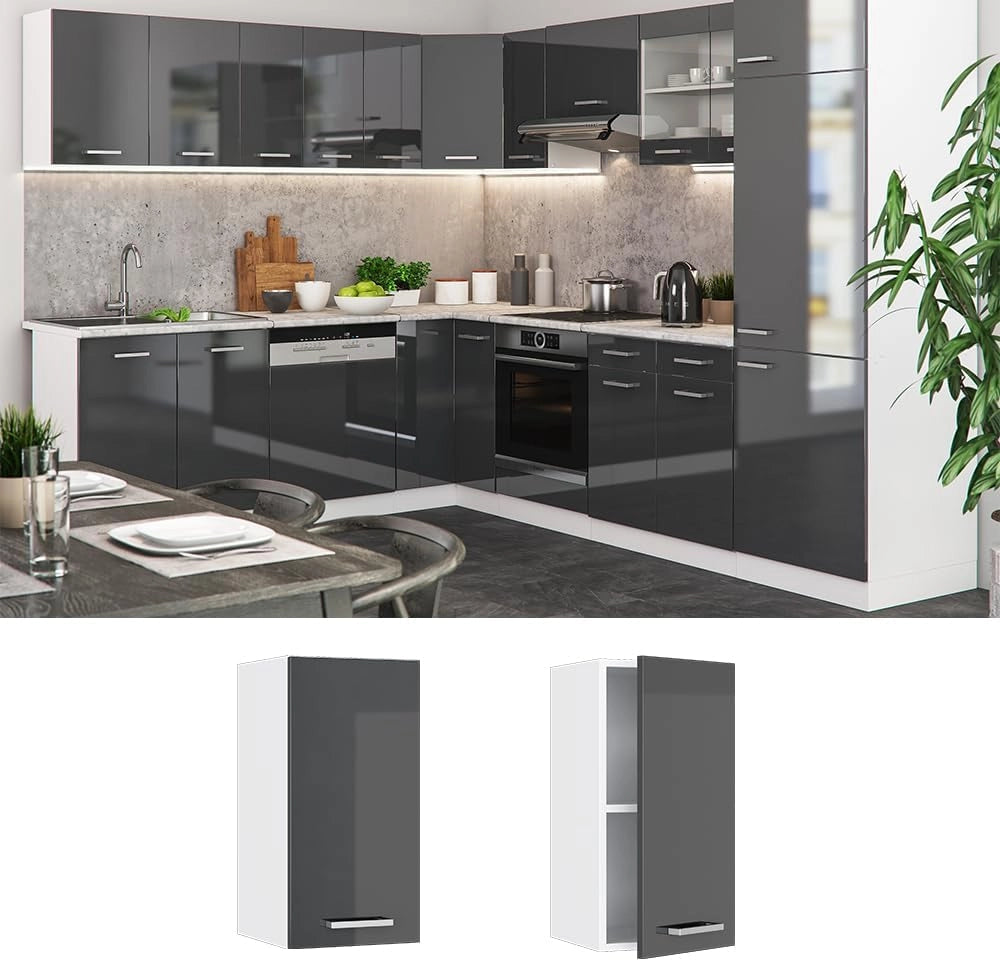 Pensile da cucina R-Line, Antracite lucido, 30 cm, per la libera combinazione all'interno di sistemi cucina modulari