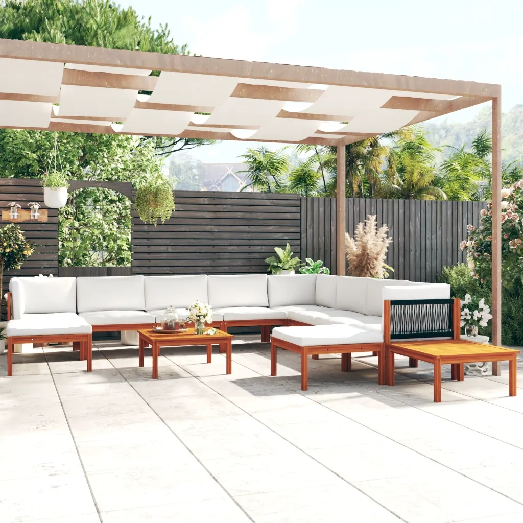 Set da giardino 12 pezzi con cuscini in legno crema, acacia e corda 3057895