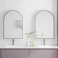 Armadietto a specchio ad arco con cornice in metallo, per bagno, soggiorno e camera da letto, 91x61x12 cm, Nero