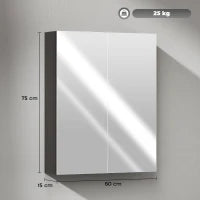 Armadietto Pensile Bagno 2 Ante con Specchiera e 2 Ripiani Interni in MDF, 60x15x75 cm, Nero