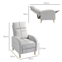 Poltrona Reclinabile 150° max con Poggiapiedi, in Tessuto Effetto Lino, 68x90x106 cm, Grigio Chiaro