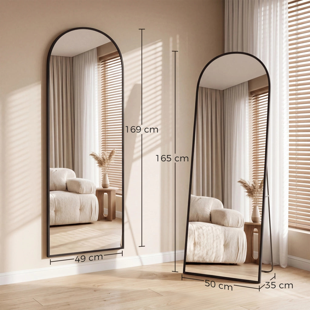 Specchio da Terra e Parete Moderno in Lega di Alluminio con Supporto Pieghevole. 50x170 cm. Nero