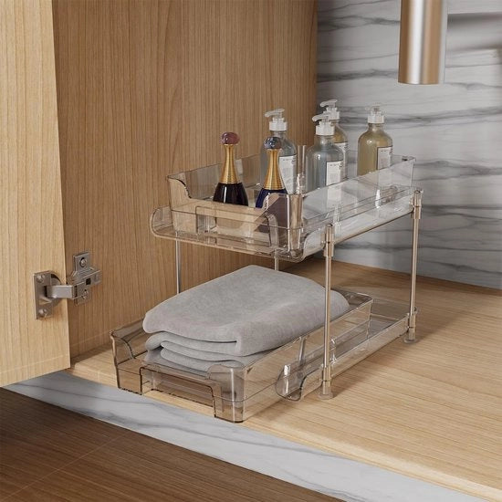 Organizzatore a 2 celle per cucina, organizzatore trasparente per bagno, cassetti, ripiani, organizzatore, cucina, estraibile, per armadi, bagni, lavabi, sala da pranzo
