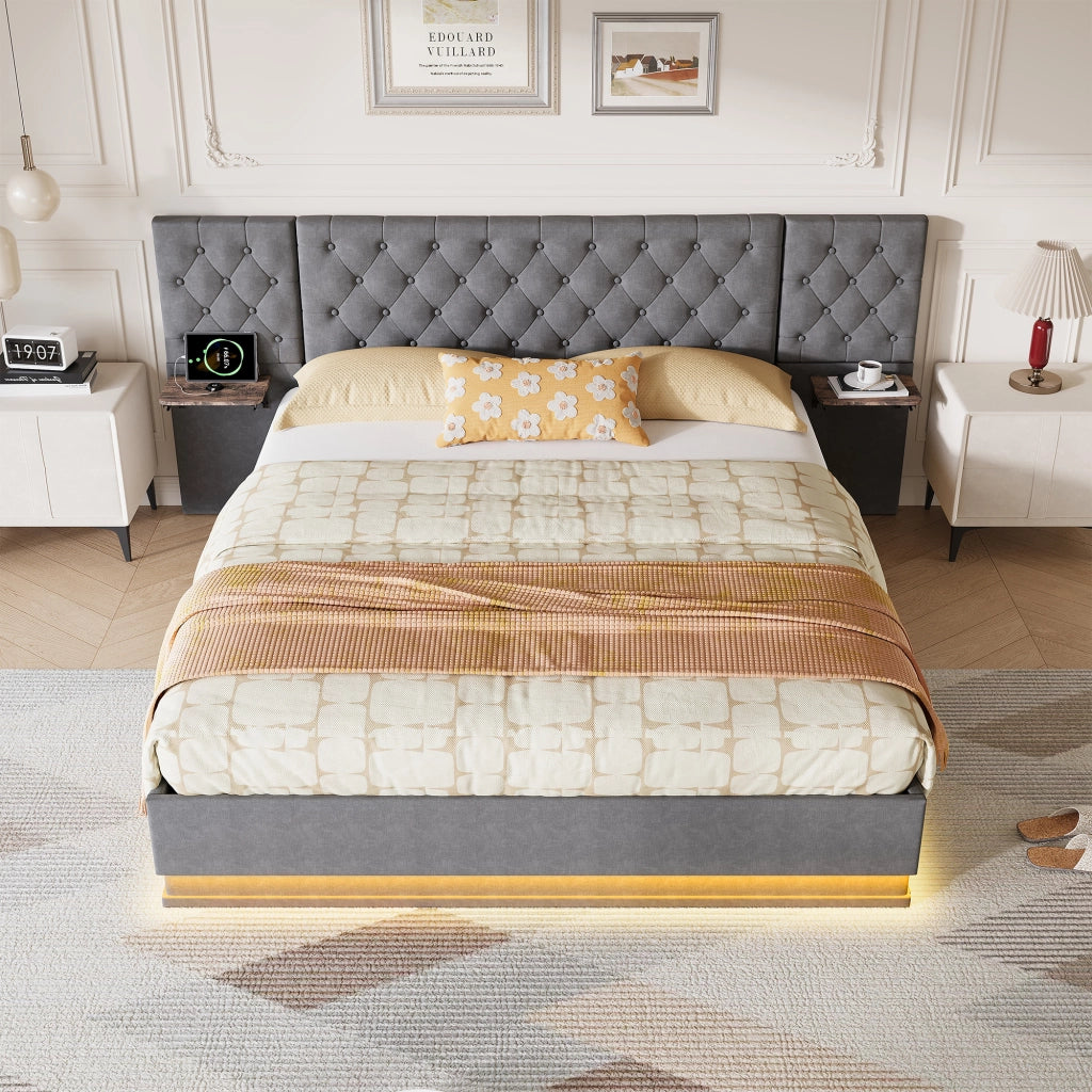 Letto matrimoniale 160x200 cm con contenitore LED USB ricarica wireless testiera con mensole rete a doghe legno metallo lino - beige