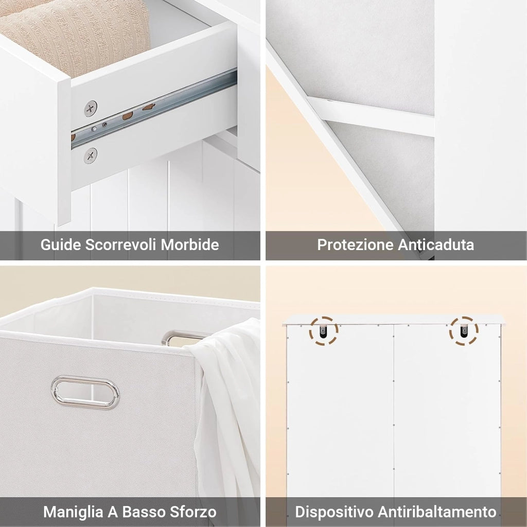 Mobile Spazzatura da Cucina con Pattumiera Integrata Armadietto Raccolta Differenziata con 2 Cassetti e 2 Sacchi da 45L Mobiletto Salvaspazio con Chiusura Silenziosa Bianco 78x38x90cm BZR33-II-W